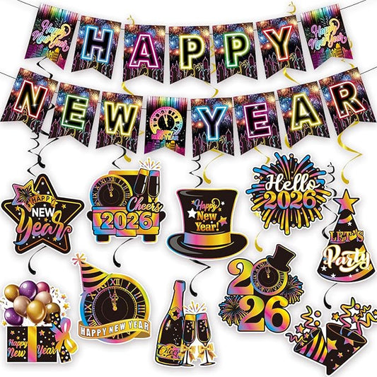 Colorful Happy New Year Banner & Hanging Swirls, Neon Themed 2026 Happy New Years Paper Banner Ceiling Swirl Streamers for New Years Eve Party Supplies