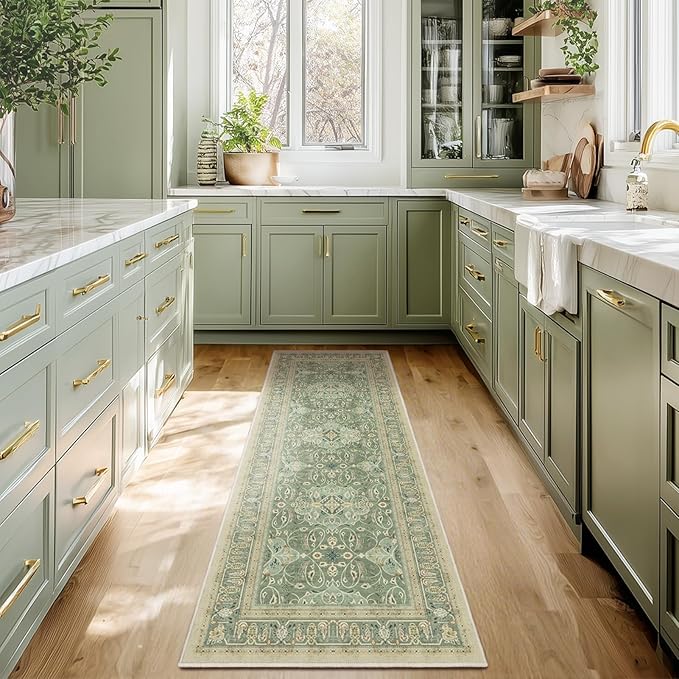 Sage Green Boho Hallway Runner 2x6, Low Pile Thin Entryway Runner 6ft, Kitchen Runner Rugs Non Skid Washable for Laundry Room Bedside Bathroom, Floral Moroccan Pattern with Opal Colors