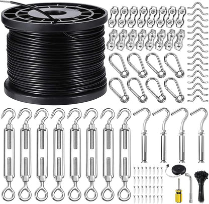 BLIKA String Light Hanging Kits, 500FT Coated Stainless Steel 304 Wire Rope, Outdoor Light Guide Wire, Globe String Light Suspension Kit Included Turnbuckles, Enough Accessories, Use Manual