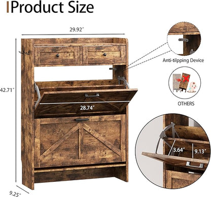 Shoe Cabinet with 2 Flip Drawers & 2 Top Drawers, 43" Tall Freestanding Narrow Wooden Shoe Storage Organizer for Entryway, Hidden Slim Shoe Rack for Front Door Entrance, Hallway, Living Room, Brown