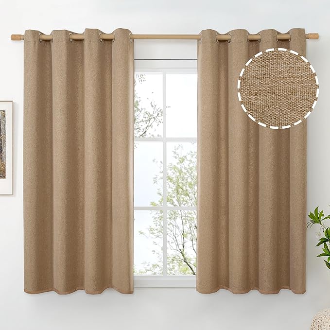 BGment Short Linen Curtains 45 Inch Length for Windows, Camel Burlap Drapes Light Filtering with Grommet No See Through Privacy for Bathroom Bedroom Farmhouse, 2 Panels Set, Each 52 Inch Wide