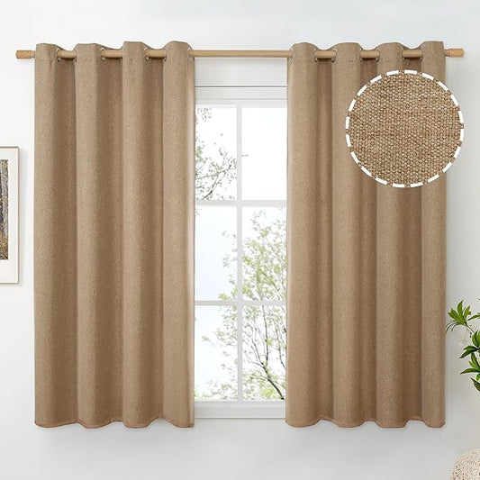 BGment Camel Linen Curtains 54 Inch Length for Short Window, Burlap Semi Sheer Drapes Light Filtering with Grommet Privacy Non See Through for Living Bedroom Farmhouse, 2 Panels, Each 52 Inch Wide