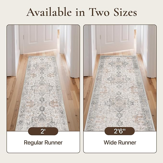 GENIMO Runner Rug 2'6"x7 Machine Washable Non Slip Vintage Hallway Runner Rug, Low Pile Lightweight Rugs for Indoor Entryway, Hallway, Kitchen and Corridor, Light Taupe Brown