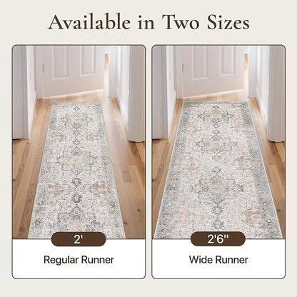 GENIMO Runner Rug 2'6"x7 Machine Washable Non Slip Vintage Hallway Runner Rug, Low Pile Lightweight Rugs for Indoor Entryway, Hallway, Kitchen and Corridor, Light Taupe Brown