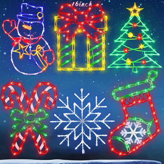 16" Christmas Window Silhouette Lights - 6 Pack Colour Lighted Snowflake, Gift Box, Christmas Tree, Christmas Stocking, Snowman, Candy Cane for Holiday Indoor and Outdoor Wall Door Window Decorate