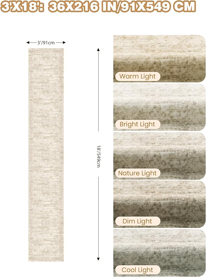 3x18 Washable Runner Rug for Hallway, Non-Slip Long Hallway Runner for Entryway, Soft Vintage Kitchen Mats for Floor, Abstract Dining Room, Bedroom, Living Room Rugs(3'x18', Beige/Ivory)