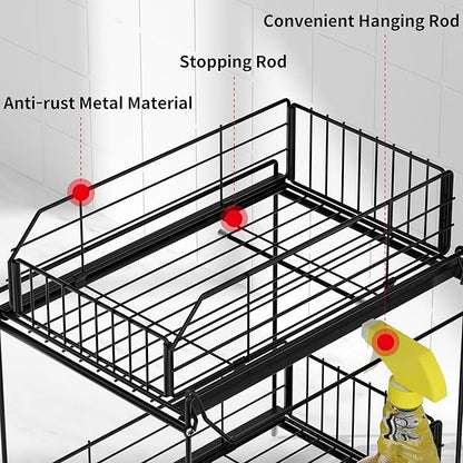 SUEH DESIGN Under Sink Organizer, 2 Tier Bathroom Cabinet Organizer Metal Kitchen Sink Organzier with Hanging Rail for Kitchen Bathroom Organization and Storage, 1 Pack