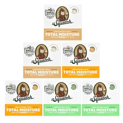 Dr. Squatch NEW Total Moisture Bar Soap for Men - No Added Fragrance Formulated for Sensitive Skin - Shea Butter, Mango Butter & Green Tea Butter (5 oz, 6-pack)