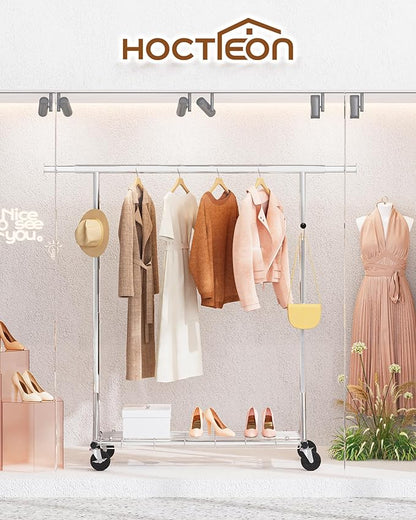 Hoctieon 1-Minute Assembly Clothes Rack, 480 lbs Heavy Duty Rolling Clothing Racks with Wheels, Foldable Garment Rack, Extendable Hanging Bar, Adjustable Metal Pole with Hooks, Chrome