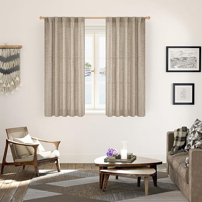 YoungsTex Oatmeal Linen Curtains 48 Inch Length, Burlap Semi Sheer Drapes Light Filtering with Rod Pocket Back Tab for Living Room Short Window, 2 Panels, 42 X 48 Inch