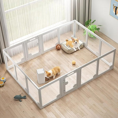 Albott Acrylic Clear Dog Playpen Indoor, Modular Puppy Cat Small Pet Play Pen with 2 Doors, Transparent Fence for Little Dogs, Cats, Rabbits, Easy Assemble and Disassemble, White (24" H, 14 pcs)