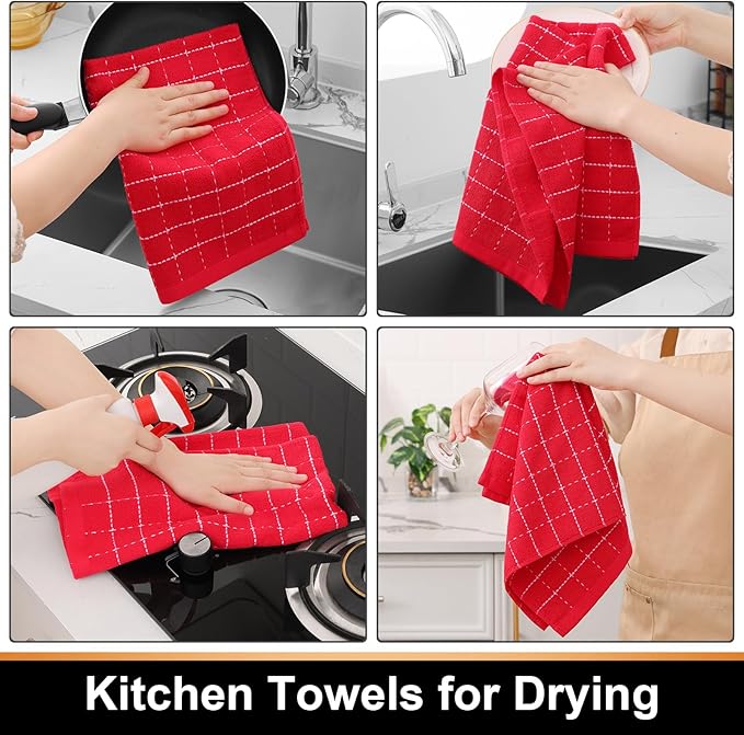 Mordimy 100% Cotton Terry Cloth Kitchen Towels, Super Soft and Absorbent Dish Towels for Drying, Checkered Designed Hand Towels for Kitchen, 16 x 26 Inches, 8 Pack, Red