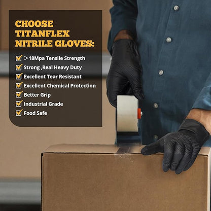 TitanFlex Heavy Duty Black Nitrile Gloves, Raised Diamond Texture, Latex Free, Powder Free Disposable Gloves (8Mil/6Mil)