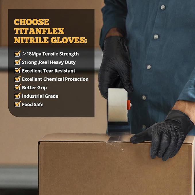 TitanFlex Heavy Duty Black Nitrile Gloves, Raised Diamond Texture, Latex Free, Powder Free Disposable Gloves (8Mil/6Mil)