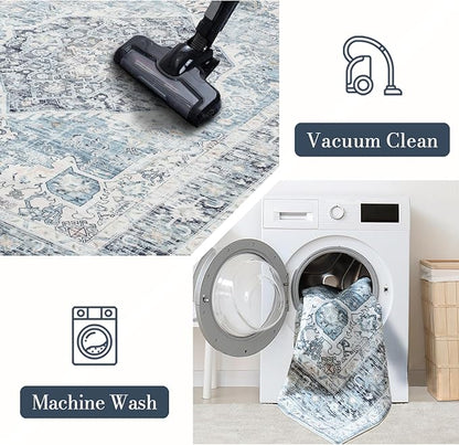 Runner Rug 2×8, Vintage Boho Rug,Ultra-Soft Low Pile, Washable, Non Slip,Stain Resistant Printed Carpet for Hallway Kitchen Living Room Bedrooms Playroom Office, Light Blue