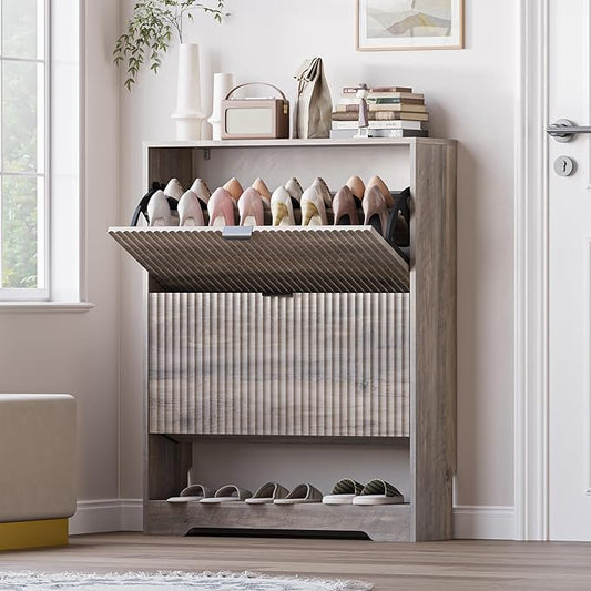 Shoe Cabinet with 2 Flip Drawers, Fluted Shoe Storage Cabinet with Adjustable Shelves, Freestanding Rack and Organizer for Entryway, Closet, Hallway