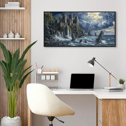 QZQCBLC Large Framed Wall Art - Retro Mystical Castle Landscape Sea Coastal Surface Lightning Realistic Paintings Artwork Picture for Living Room Bedroom Kitchen Home Wall Decor 29"X58"