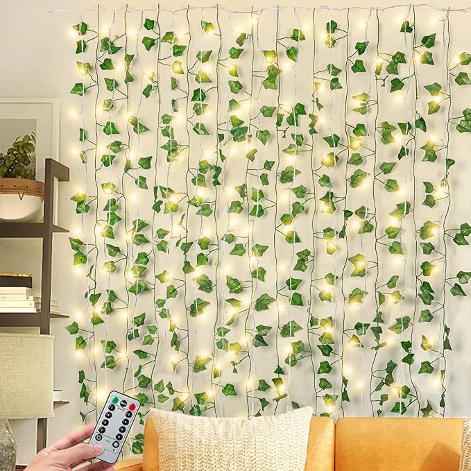 JACKYLED 84Ft 12 Pack Artificial Ivy Garland Fake Plants with 240 LED Curtain Lights USB Plug in/Battery Operated, 8 Modes Fairy String Light with Remote Control, for Bedroom Wall Decorations