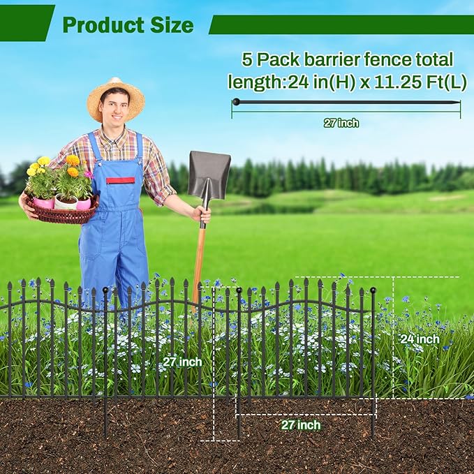 No-Dig Garden Decorative Fence with Gate - 5 Panels 24in H x 11.25ft L, Heavy-Duty Rust-Resistant Metal Dog Fence with Arched Design for Yard, Patio, and Flower Beds - Ideal for Pets and Landscaping