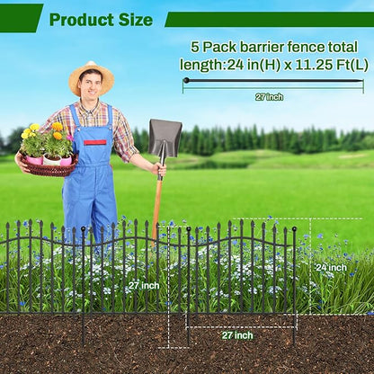 No-Dig Garden Decorative Fence with Gate - 5 Panels 24in H x 11.25ft L, Heavy-Duty Rust-Resistant Metal Dog Fence with Arched Design for Yard, Patio, and Flower Beds - Ideal for Pets and Landscaping