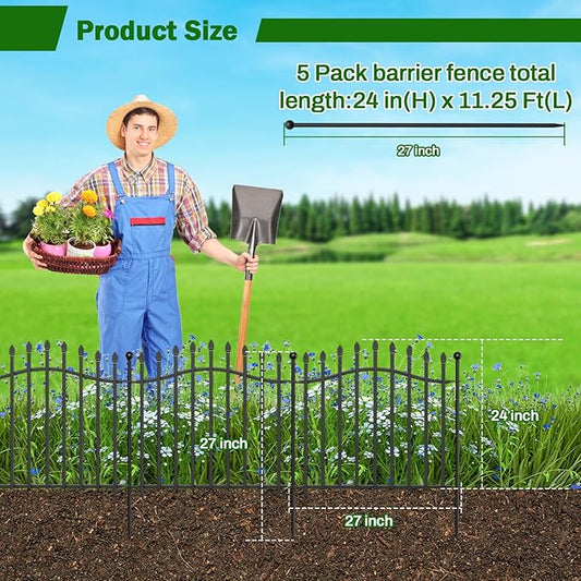 No-Dig Garden Decorative Fence with Gate - 5 Panels 24in H x 11.25ft L, Heavy-Duty Rust-Resistant Metal Dog Fence with Arched Design for Yard, Patio, and Flower Beds - Ideal for Pets and Landscaping