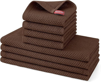 Kitinjoy 100% Cotton Kitchen Towels and Dishcloths Set, 8 Pack Waffle Weave Dish Towels Ultra Soft Absorbent Quick Drying Dish Rags, 13 x 28 Inch and 12 X 12 Inch, Coffee