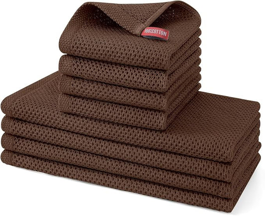 Kitinjoy 100% Cotton Kitchen Towels and Dishcloths Set, 8 Pack Waffle Weave Dish Towels Ultra Soft Absorbent Quick Drying Dish Rags, 13 x 28 Inch and 12 X 12 Inch, Coffee