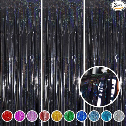 Foil Fringe Curtains New Year’s Eve Party Decorations - Melsan 3 Pack 3.2 x 8.2 ft Black Tinsel Curtain Photo Backdrop for Birthday Decorations Retirement Party Decorations Black