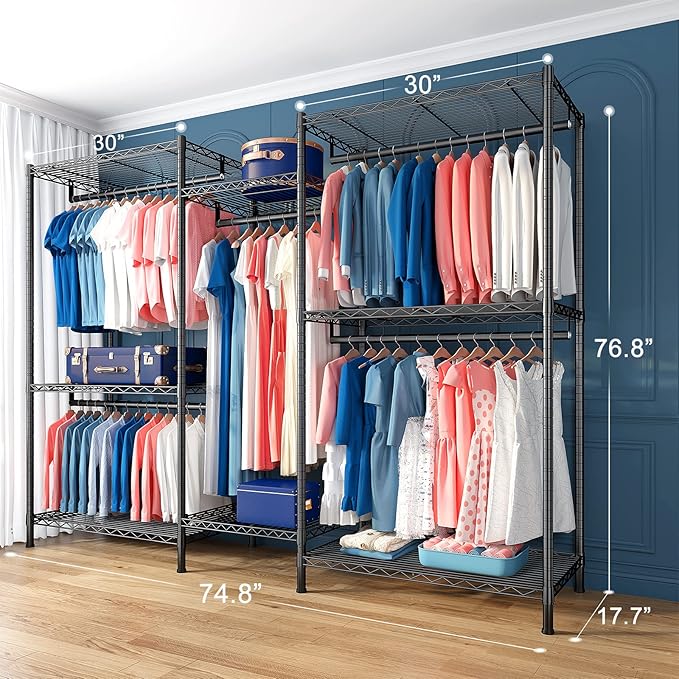 Raybee Clothes Rack for Hanging Clothes,Clothing Rack with Shelves,Portable Closet,for Apartment,Bedroom,Metal, Adjustable,Max Load 900lbs,Black