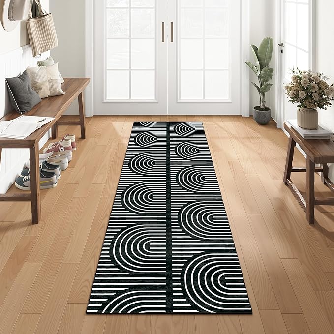 2x6 Washable Black Runner Rugs for Kitchen, Soft Abstract Rainbow Boho Rug for Bedroom Bedside Laundry Room Bathroom,Modern Non Slip Low Pile Floor Mat
