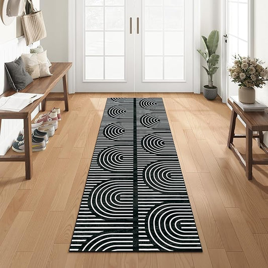 2x6 Washable Black Runner Rugs for Kitchen, Soft Abstract Rainbow Boho Rug for Bedroom Bedside Laundry Room Bathroom,Modern Non Slip Low Pile Floor Mat