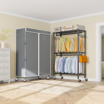 VIPEK R2C Medium Rolling Garment Rack with Cover Heavy Duty Clothes Rack Adjustable Clothing Rack for Hanging Clothes Portable Closets with Double Rods, Wardrobe on Wheels, Black Rack with Grey Cover