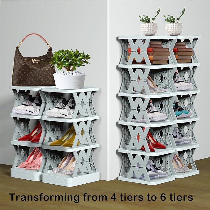 Shoe Rack, 6 Tier Small Shoe Organizer Without Assembly, Foldable Shoe Rack for Entryway, Front Door Entrance, Bedroom, Small Spaces, White