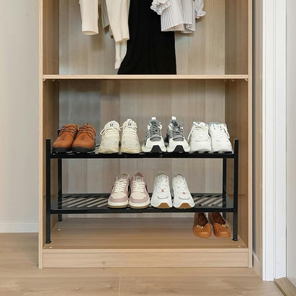 Shoe Rack - Metal Shoe Organizer 2 Tier Shoes Shelf Storage, 35 Inches Stackable Long Show Stand Holder for Closet, Entryway, Garage, Floor, Door Entrance, Black
