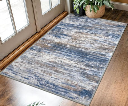 KOZYFLY Modern Abstract 3x5 Area Rug Washable Bedroom Rug Blue Rust, Throw Entry Mat Non-Slip Stain Resistant Carpet Dining Room Rug with Soft Low Pile for Living Room Kitchen Bath Office