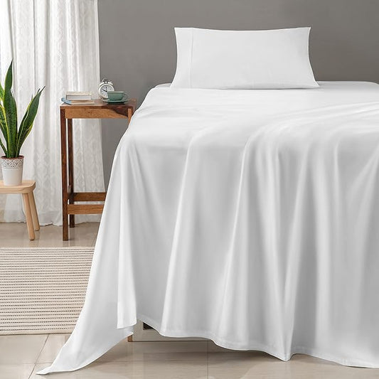 Threadmill 100% Cotton Sheets for Twin XL Size Bed - 600 Thread Count Twin XL Bed Sheets Set with 15” Deep Pocket - Sateen Weave 3-Piece Bedding Set with Cooling Effect, White