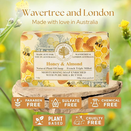 Wavertree & London Honey & Almond Scented Natural Soap Bar, 7oz Moisturizing French Triple Milled Soap Bar for Women & Men Enriched with Organic Shea Butter, Pure Bath & Body Soap (1 Bar)