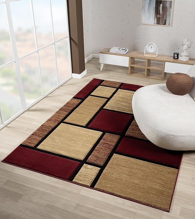 Ultra Soft Area Rug Hand Carved - Modern Abstract Design for Indoor Living Room & Bedroom - Stain Resistant, Easy to Clean - (2'7''x7, Burgundy)