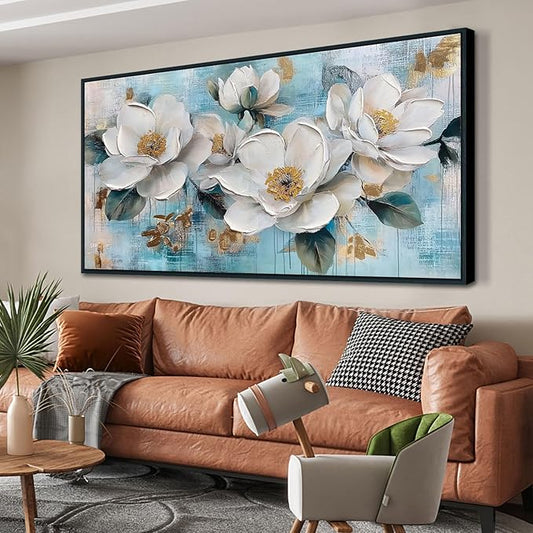 Ardemy White Floral Wall Art, Framed Teal Canvas Wall Art For Living Room Large Magnolia Pictures Wall Decor Flower Paintings Artwork for Walls Dining Room Bedroom Home Office 58"x29"