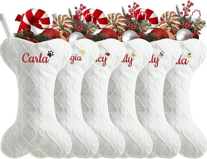 Personalized Christmas Stockings for Dogs,Custom Embroidered Name+Logo Xmas Knitted Bone Stockings,Holiday and Family Stocking for Fireplace Christmas Holiday Party Decoration 1-6Pack（White）