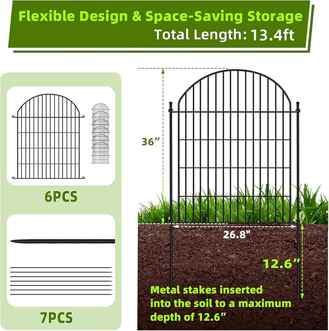 6 Panels 36in H x 13.5ft L Garden Fence, Animal Barrier, Decorative Rustproof Metal No Dig Fence Panels, Garden Edging Border Panel Fencing for Outdoor, Yard, Patio