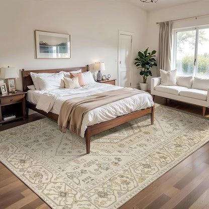 SERISSA Washable Rugs 8x10 Area Rugs, Large Non-Slip Boho Living Room Rug, Ultra Soft Vintage Beige Print Distressed Farmhouse Carpet for Dining Room Bedroom Dorm Office Home Decor