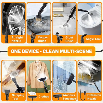 Handheld Pressurized Steam Cleaner - 3-Level Adjustable Steamer for Cleaning, 15s Heat-Up & 14pcs Accessories, Steam Cleaner for Home & Car, Car Detailing, Tile, Grout, Furniture