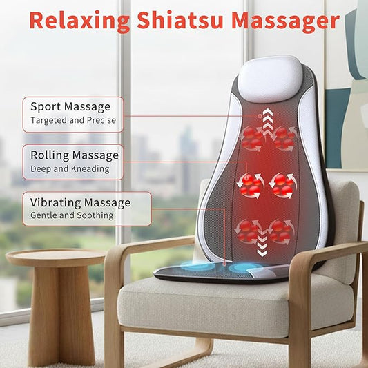 Shiatu Back Massager with Heat & Cooling, Kneading Rolling Vibration Chair Massager for Deep Tissue Pain Relief, Massage Chair Pad for Home & Office