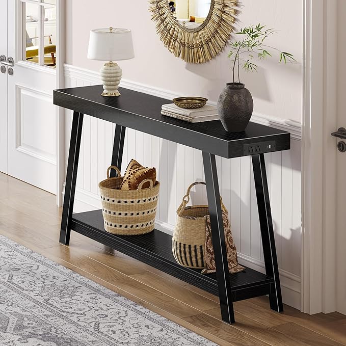 Huuger Console Table with Charging Station, USB-C Port, 2 Tiers Entryway Table, 53.9 Inch Sofa Table with Metal Legs, Entry Hallway Table with Thicker Desktop, Modern Behind Couch Table, Black