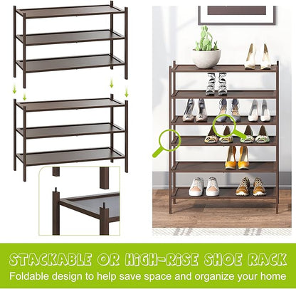 BMOSU 3-Tier Bamboo Shoe Rack Premium Stackable Shoe Shelf Storage Organizer for Hallway Closet Living Room Entryway Organizer(Brown)