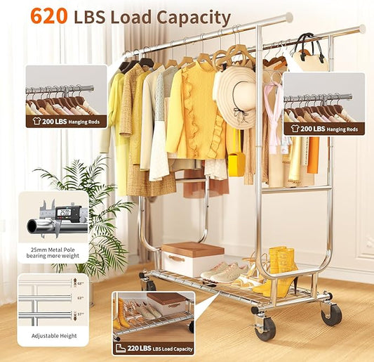 Clothes Rack Heavy Duty 620LBS For Hanging Clothes, Commercial Garment Rack Heavy Duty,Collapsible ＆ Portable Clothes Rack with Wheels,Rolling Clothing Racks Metal Clothing Rack (CR-H)