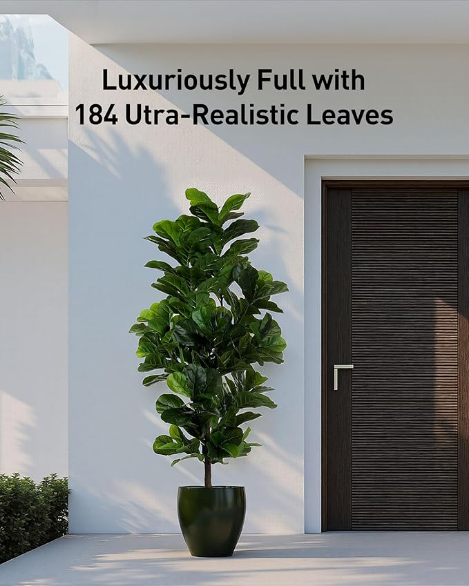 Fiddle Leaf Fig Tree 6ft Tall Artificial Tree in Plastic Pot Fake Ficus Lyrata Plants with 184 Decorative Fiddle Leaves Faux Fig Trees for Home Office Living Room Decor Indoor Outdoor