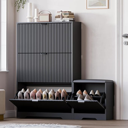 Slim Shoe Cabinet with Bench for Entryway, Hidden Storage and Adjustable Shelves, Free Standing Wooden Shoes Organizer for Hallway, Foyer