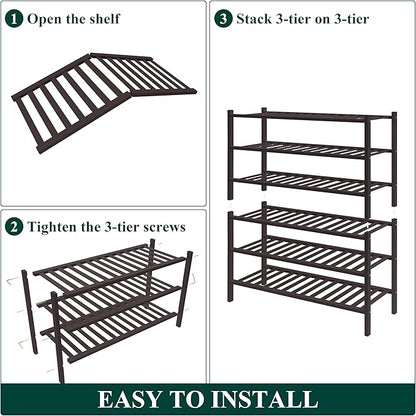 Smiry Bamboo Shoe Rack for Closet, 6 Tier Wooden Stackable Shoe Organizer, Free Standing Shoes Storage Shelf for Entryway, Front Door Entrance, Brown